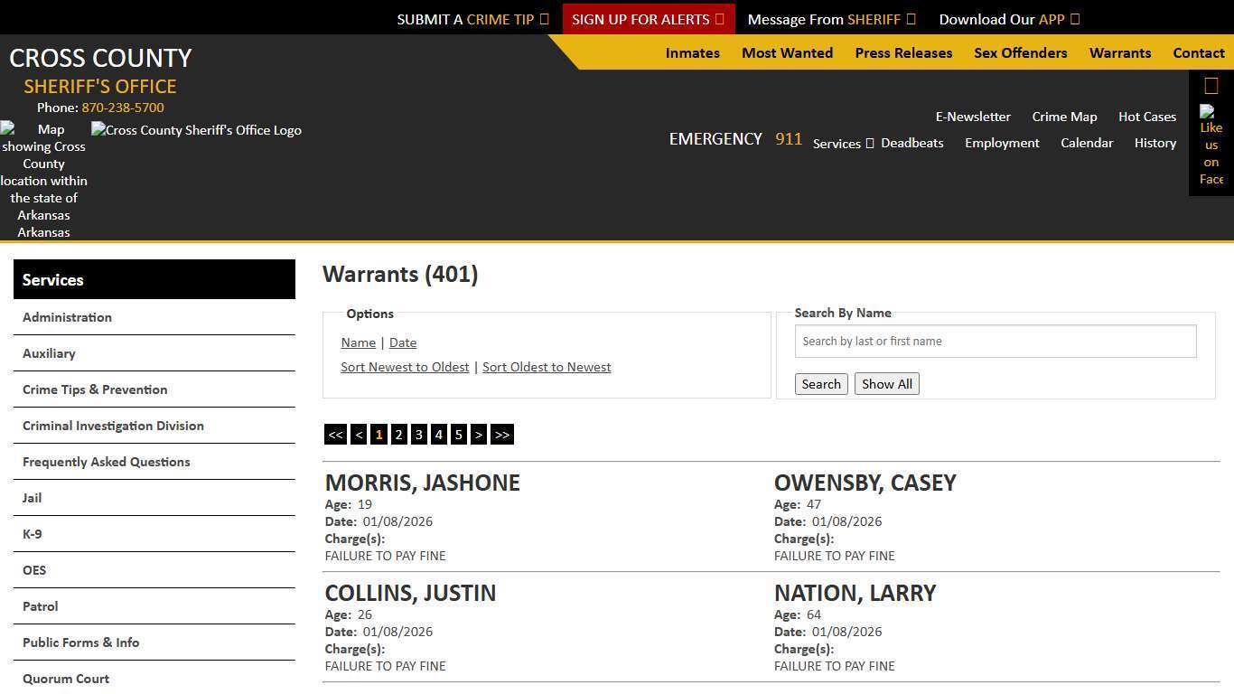 Warrants - Warrant Date - Descending - Cross County Sheriff AR